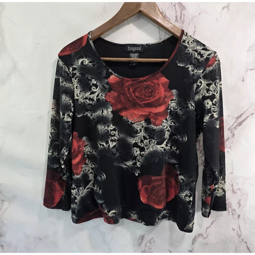 Vintage Y2K Shirt Womens Small Red Black Rose Mesh Sheer Crop Whimsy Goth Witchy